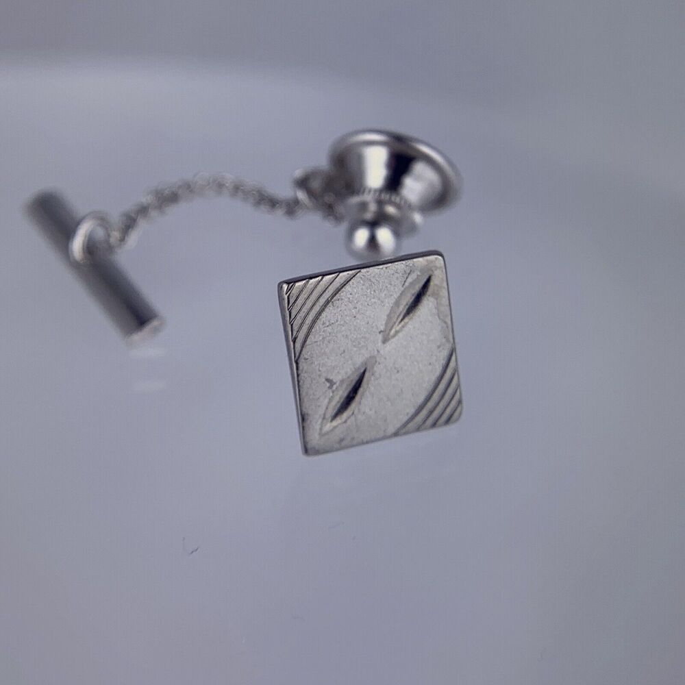Square Modern Sterling Silver Tie Tack Pin Carved Brushed Metal Marked Vintage